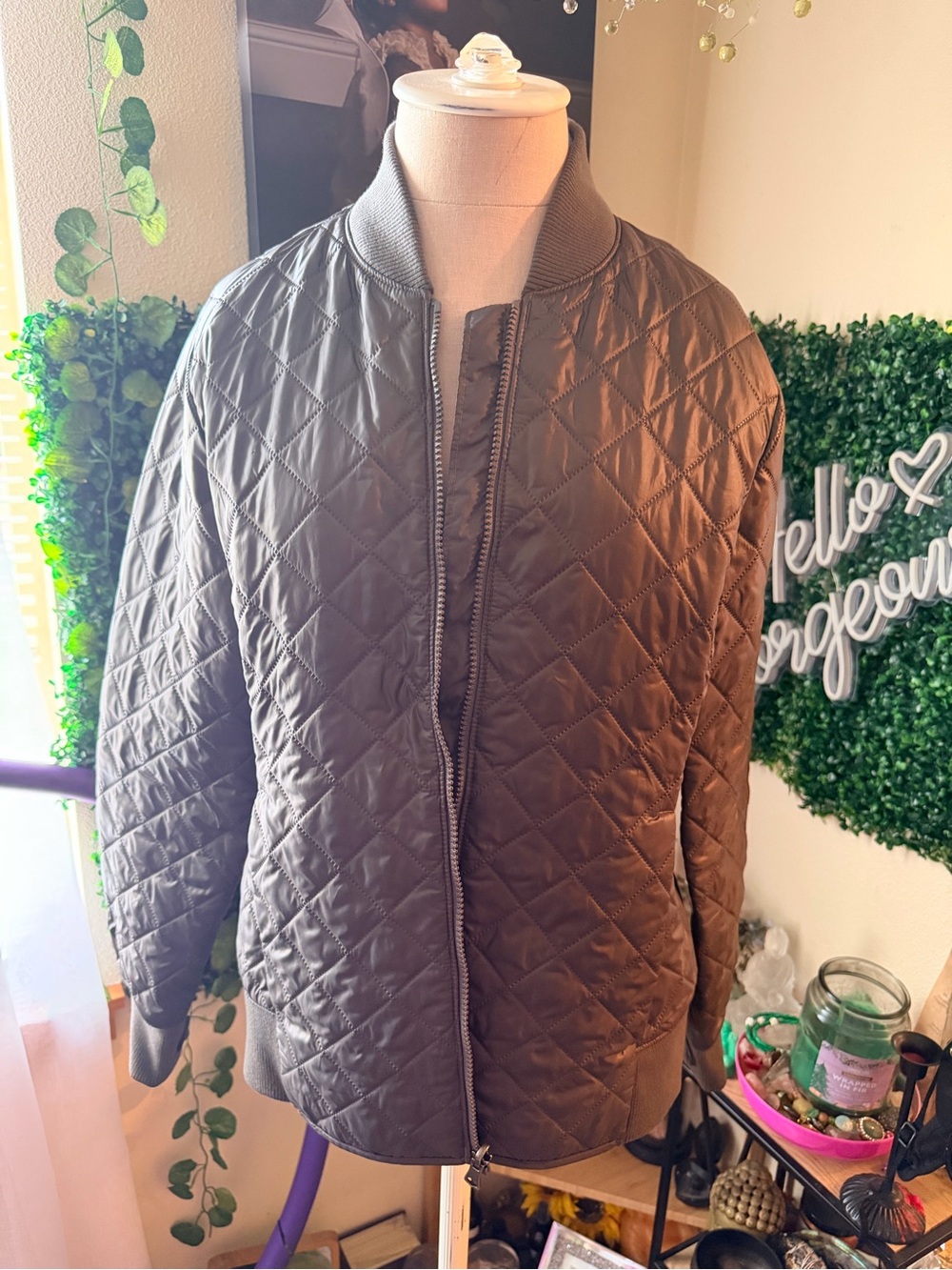 Columbia Omni-Heat
Interchange Diamond-Quilted Bomber Jacket in Taupe